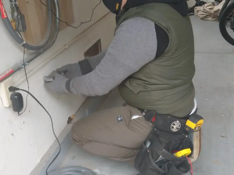 Electrician performing outlet wiring in a Hopkinton garage